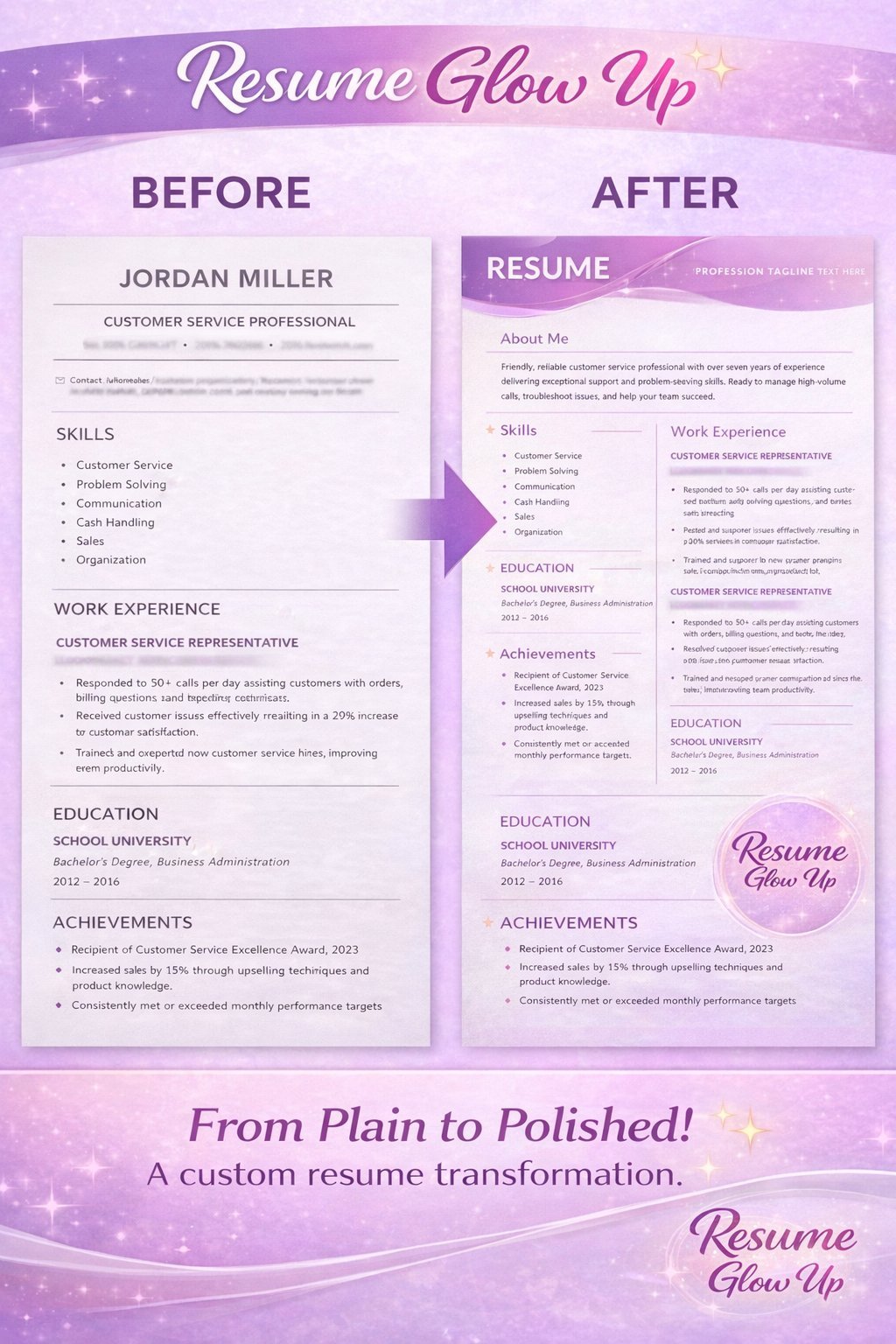 Before and after resume transformation comparison showing plain resume on left and polished purple-themed resume on right with improved formatting and layout