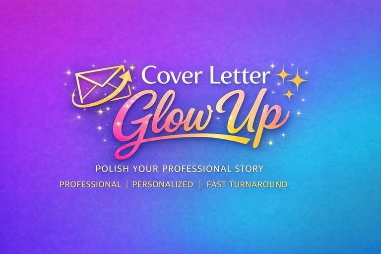 Cover Letter Glow Up logo with envelope and sparkles on purple-to-blue gradient background, featuring tagline about professional personalized cover letters