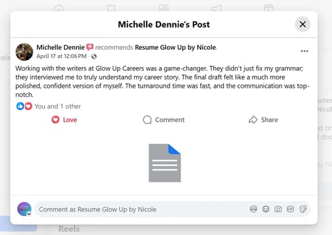 Social media post by Michelle Dennie recommending Resume Glow Up by Nicole