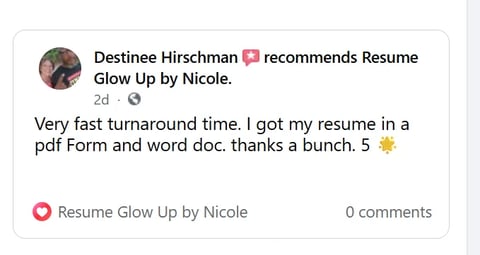 LinkedIn post by Destinee Hirschman recommending Resume Glow Up by Nicole