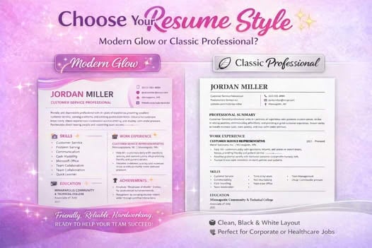 Resume style comparison showing Modern Glow template in pink and Classic Professional template in black and white for different career industries